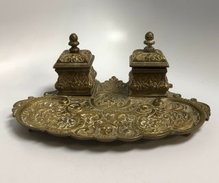 Antique Bronze/brass Double Inkwell On Tray