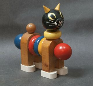 Vintage Mid Century Modern Wooden Cat Memphis Style Made In Romania Colorful Nr