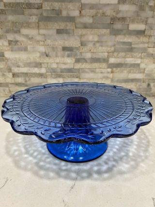 Antique Vintage Cobalt Blue Depression Glass 9” Wide Pedestal Cake Stand
