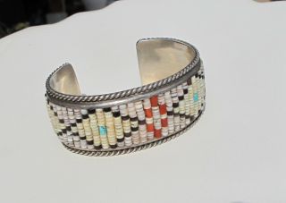 Rare Old Design Tommy Singer Sterling Cuff Bracelet,  Cobb Inlay Shell Geometric