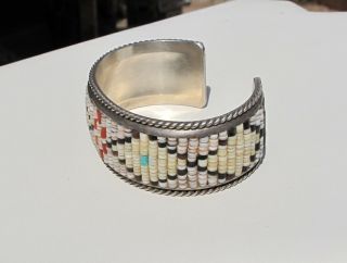 Rare Old Design Tommy Singer Sterling Cuff Bracelet,  Cobb Inlay Shell Geometric 2