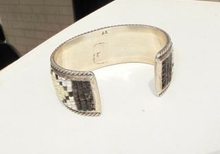 Rare Old Design Tommy Singer Sterling Cuff Bracelet,  Cobb Inlay Shell Geometric 3