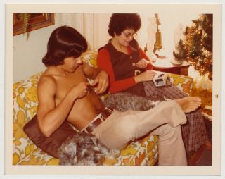 Shirtless Young Man Barefoot In Bell Bottoms @ Xmas Vtg 70 