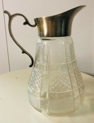 Vintage Retro Silver Crystal Plated - Diamond Cut Glass Carafe Pitcher Decanter