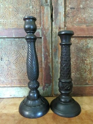 Set Of 2 Detailed Carved Dark Wood Wooden Candle Stick Holders 14 " &12 "