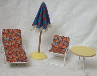 Vintage Miniature Dollhouse White Metal Patio Chairs,  Table & Umbrella Germany