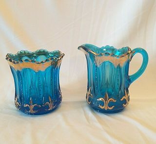 Bright Aqua Blue And Gold Glass Creamer & Sugar Bowl Set Antique Fleur De Lis