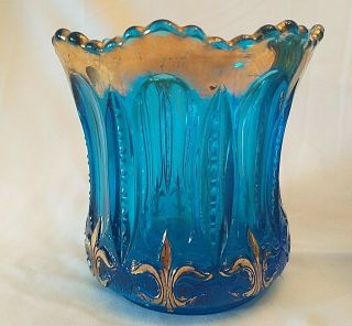 Bright Aqua Blue and Gold Glass Creamer & Sugar Bowl Set ANTIQUE Fleur De Lis 2