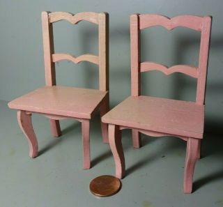 Vintage Dollhouse Furniture - 2 Pink Painted Wooden Chairs Curved Front Legs