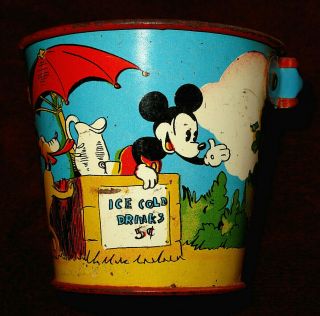 Vintage Mickey Mouse Sand Pail " Ice Cold Drinks 5 Cents " Rare