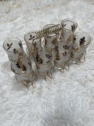 Antique Vintage Mid Century Frosted Gold Leaf Libbey Hiball Glasses Carrier