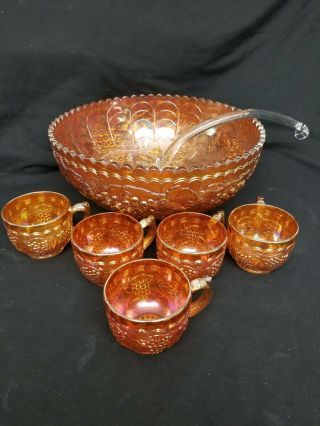 Vintage Carnival Glass Punch Bowl W/ 5 Glass Cups And Glass Ladel
