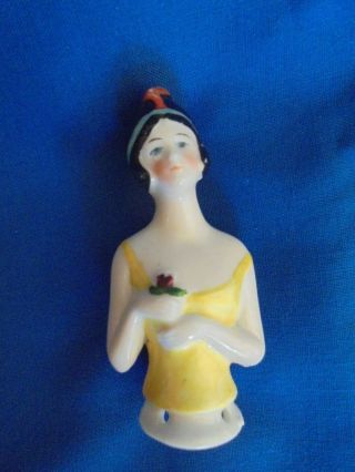 Antique Vintage Glazed Porcelain Germany Flapper Girl Half Doll Pin Cushion