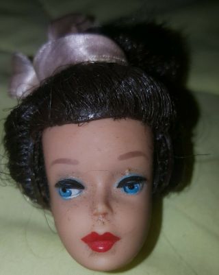 1 Vintage 1960s TLC Ponytail Barbie Doll Head w 2 vtg brunette wigs OOAK Reroot 2