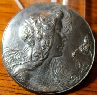 Antique French Button " Art Nouveau Lady " Vintage Silver Plated Metal Picture