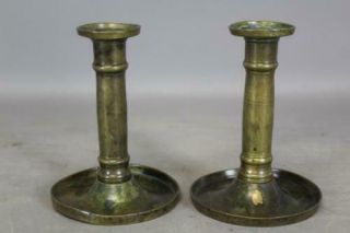 Rare Pair Early 17th C Dutch Brass Candlesticks Bold Baluster Form