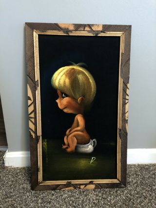 Vintage Velvet Painting Framed Baby Toddler On The Potty Training Ornate Cute P