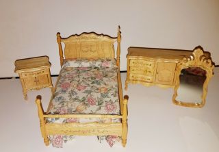 Vintage 4 Piece Wooden Dollhouse Bedroom Set By Town Square Miniatures