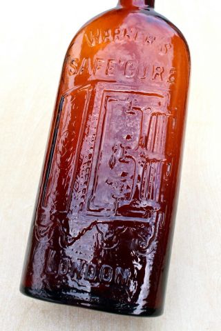 Antique Vintage C1900s Warners Safe Cure London Safe Pict Amber Pint Cure Bottle