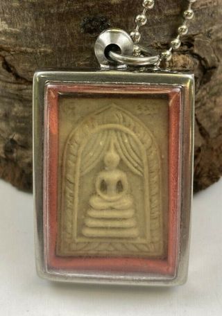 Phra Somdaj Antique Budda Pendant Box With Silver Tone Chain