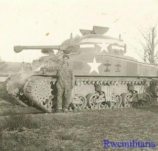 Rare Us Tanker In Camo Jumpsuit By M4 Sherman Tank W/ Aircraft Kill Marks