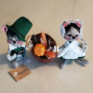 Annalee Mobility Thanksgiving Pilgrim Mouse Pair Doll 3050 Green Clothes 7 " Tag
