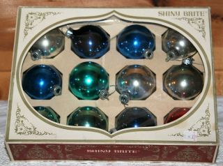 12 Vintage Rare Shiny Brite Christmas Ornaments Round Blue Silver Green Red