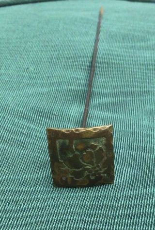 Antique Hatpin Arts And Crafts Period Hammered Brass And Green Flower 6 3/4”