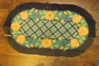 Antique Vintage Oval Rag Hooked Rug Floral Geometric 42x25 " Folk Art Textiles