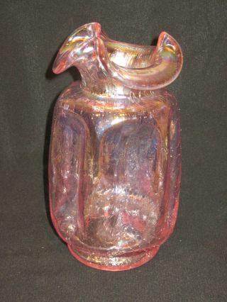Rare Fenton Art Glass Pink Iridescent Carnival Crackle Ruffle Vase 1970 