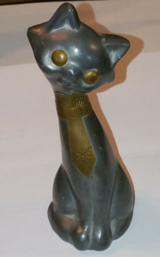 Vintage Mid Century Modern Brass Pewter Siamese Cat W Necktie Figurine 4.  5 "