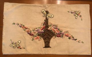 Antique Crewel Work Victorian Embroidery Basket Flowers Tapestry Pillow Cover