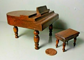 1930s Kage Strombecker Dollhouse Furniture - Wooden Grand Piano & Matching Bench
