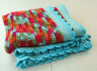 Vintage Handmade Crochet Multi Color Afghan Blanket Throw Blue Ruffle 54x58 Boho