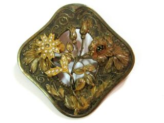 Antique Victorian Edwardian Brass Floral Brooch Pin