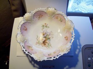 Antique Rs Prussia Bowl.  Hand Detailed Open Work Border Florals No Mark