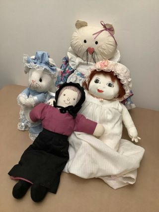 Four Vtg Vintage Prim Primitive Rag Dolls Handmade Handcrafted Stuffed