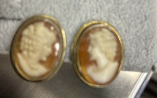 Antique Vintage Art Deco Sterling Silver Carved Shell Cameo Screw Back Earrings