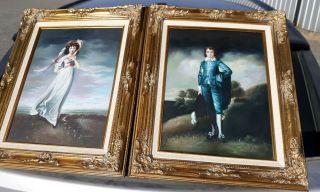 Vintage Signed & Framed Pinkie & Blue Boy Oil Paintings K Mills Rare Gilt Wood