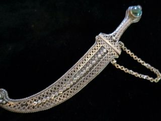 Wow Large Exquisite Antique Sterling Silver Brooch Jeweled Filigree Sword Dagger
