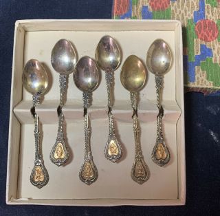 Demitasse Mustard Spoons Silver Plated (6) Italy Gold Colored Icon Crest Vintage