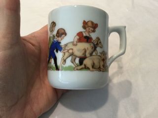 Antique Germany Child’s Mug Cup Transfer Children Sheep And Crow