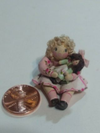 Tiny 1 1/2 " Vintage Artisan Miniature Dollhouse Doll W/ Baby Doll R.  B.  80