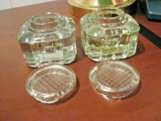 2 VINTAGE ANTIQUE HEAVY SQUARE WITH LIDS INKWELLS 2