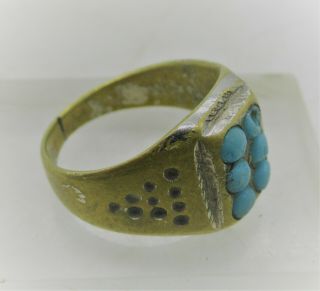 Post Medieval Vintage Silvered Seal Ring With Blue Turquoise Stones