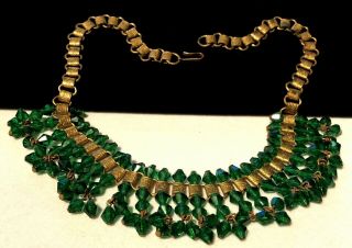 Rare Vintage Miriam Haskell Brass Bookchain Emerald Green Glass Bib Necklace A32