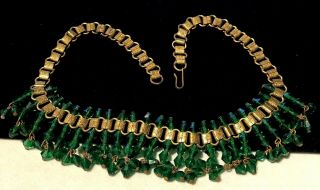 Rare Vintage Miriam Haskell Brass Bookchain Emerald Green Glass Bib Necklace A32 2