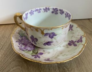 Antique T&v France Tea Cup & Saucer Violets Handpainted Limoges Porcelain