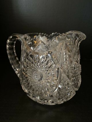 Rare Antique American Brilliant Period Cut Crystal Water Pitcher Hobstars Fans