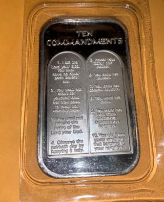 Rare/hard To Find - Ten Commandments (2 Languages) 1 Oz.  999 Fine Silver Art Bar